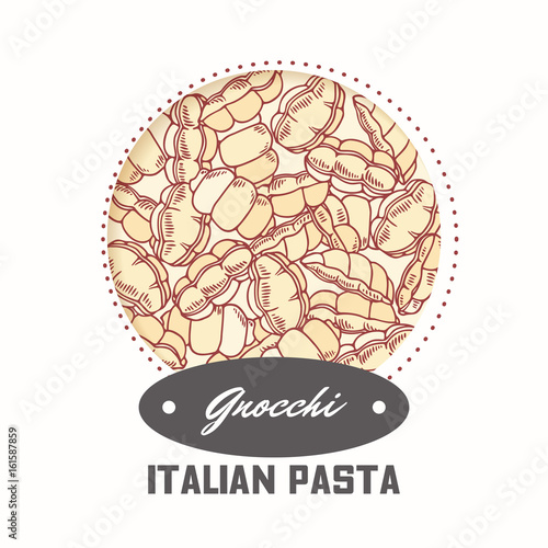 Sticker with hand drawn pattern with pasta gnocchi. Template for food package design