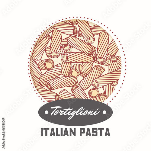 Sticker with hand drawn pasta tortiglioni, tortellini isolated on white. Template for food package design