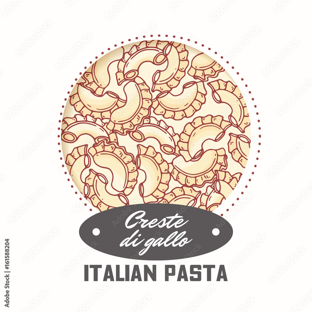 Sticker with hand drawn pasta creste di gallo isolated on white. Template for food package design Sticker with hand drawn pasta creste di gallo isolated on white. Template for food package design