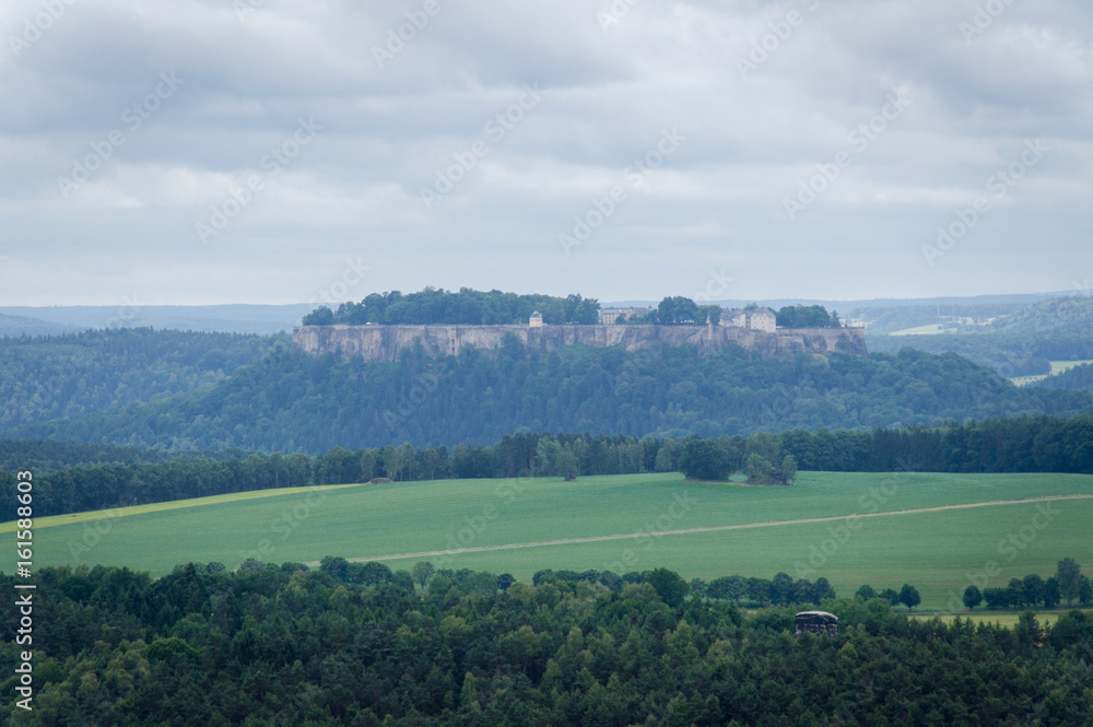 Obraz premium Bastei to river Elbe and Rathen, Saxon Switzerland, Germany - Die Bastei im Elbsandsteingebirge - Sächsische Schweiz