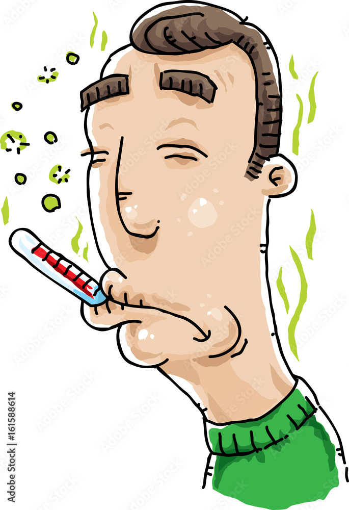A cartoon man who is sick with a fever, taking his temperature with a  thermometer. Stock Vector | Adobe Stock