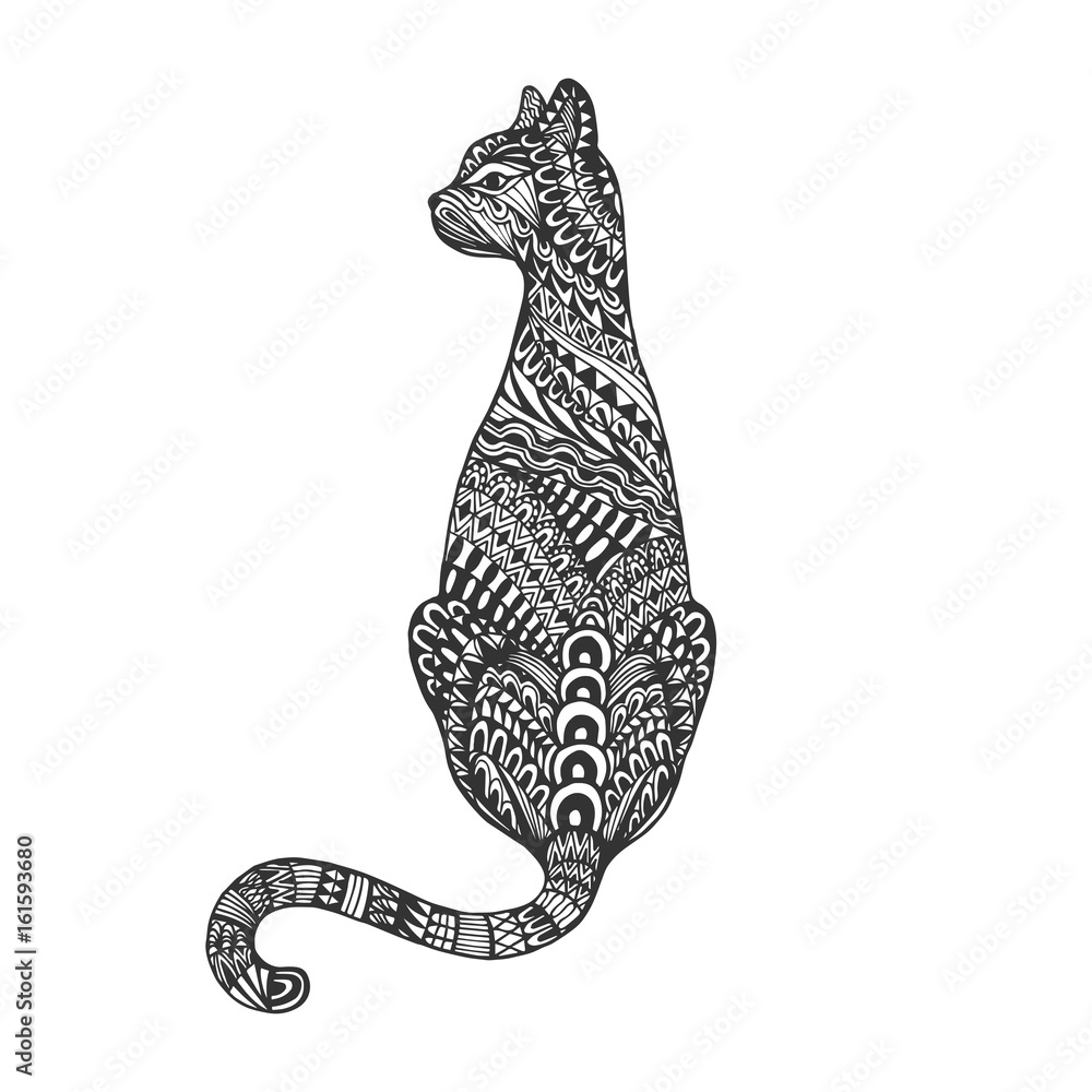 Naklejka premium Isolated hand drawn black outline monochrome abstract ornate back of cat on white background. Ornament of curve lines.