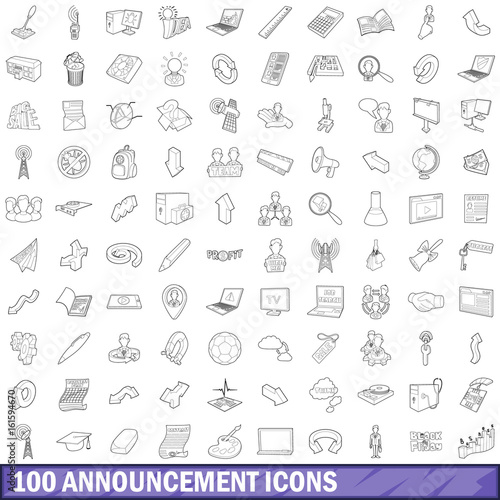 100 announcement icons set  outline style