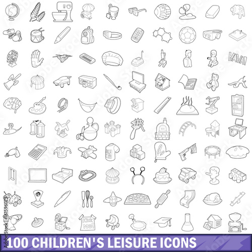 100 children s leisure icons set  outline style