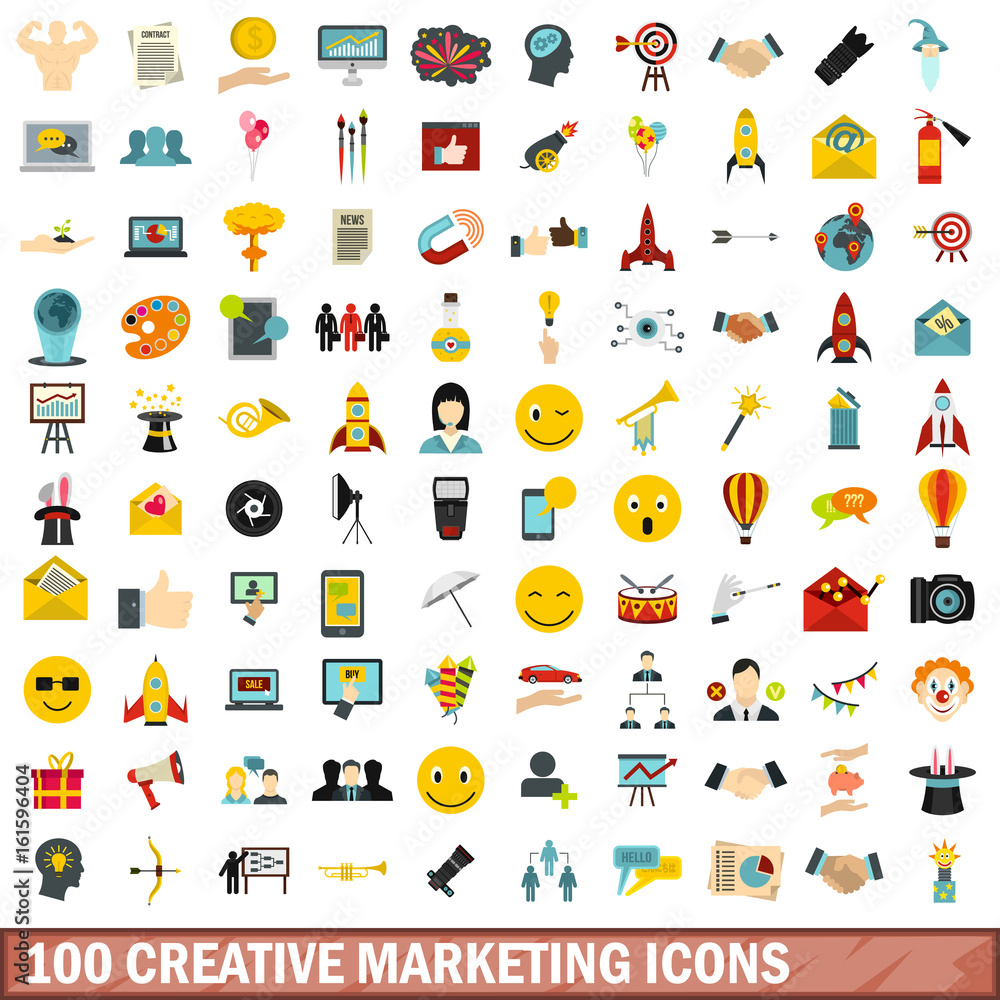 100 creative marketing icons set, flat style 100 creative marketing icons set, flat style