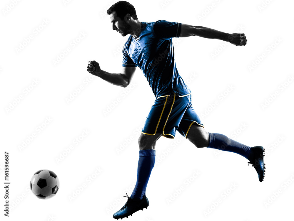 Naklejka premium one caucasian soccer player man playing in silhouette isolated on white background