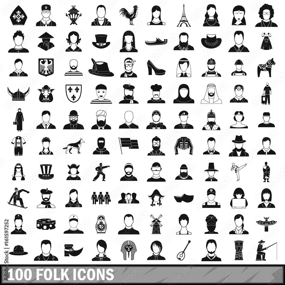 100 folk icons set, simple style 100 folk icons set, simple style