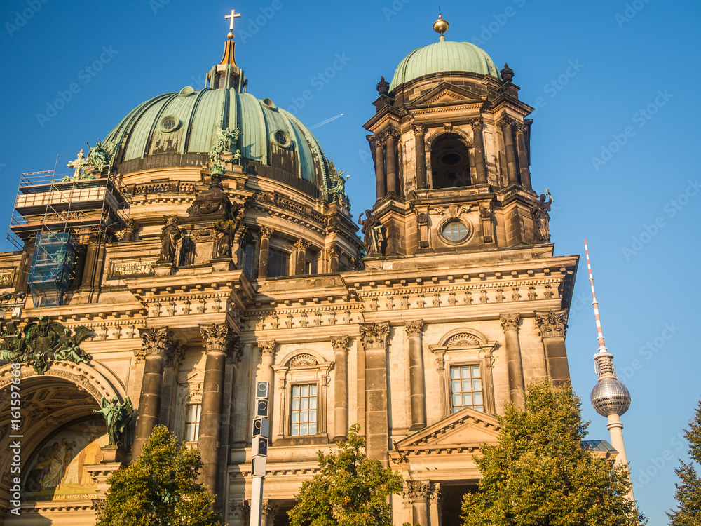 Beautiful part of Berlin cathedral, Berliner Dom in Germany with tv tower in the background