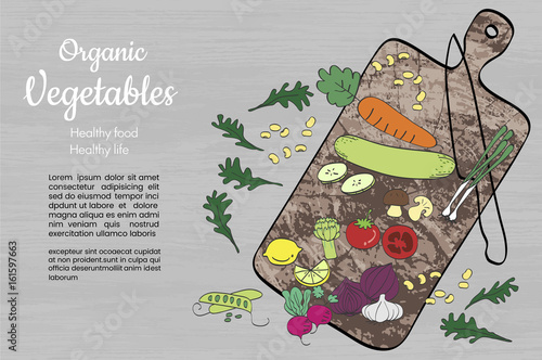 Organic healthy vegetables and kitchenware on a wooden surface.  conceptual doodles illustration. top view