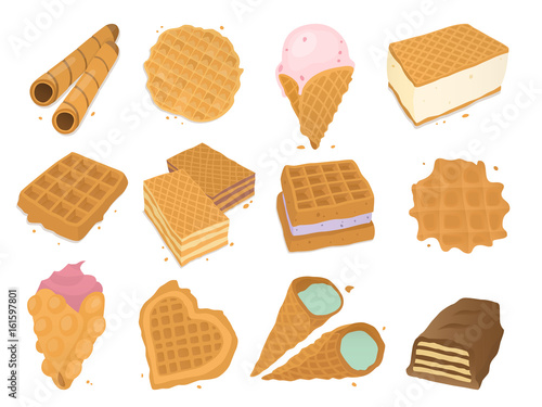 Different wafer cookies waffle cakes pastry cookie biscuit delicious snack cream dessert crispy bakery food vector illustration