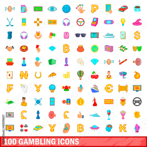 100 gambling icons set  cartoon style