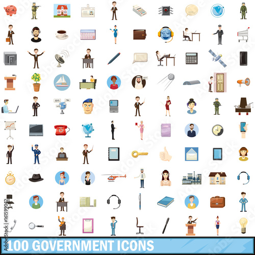 100 government icons set, cartoon style