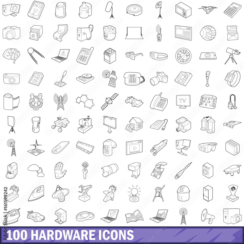 100 hardware icons set, outline style 100 hardware icons set, outline style
