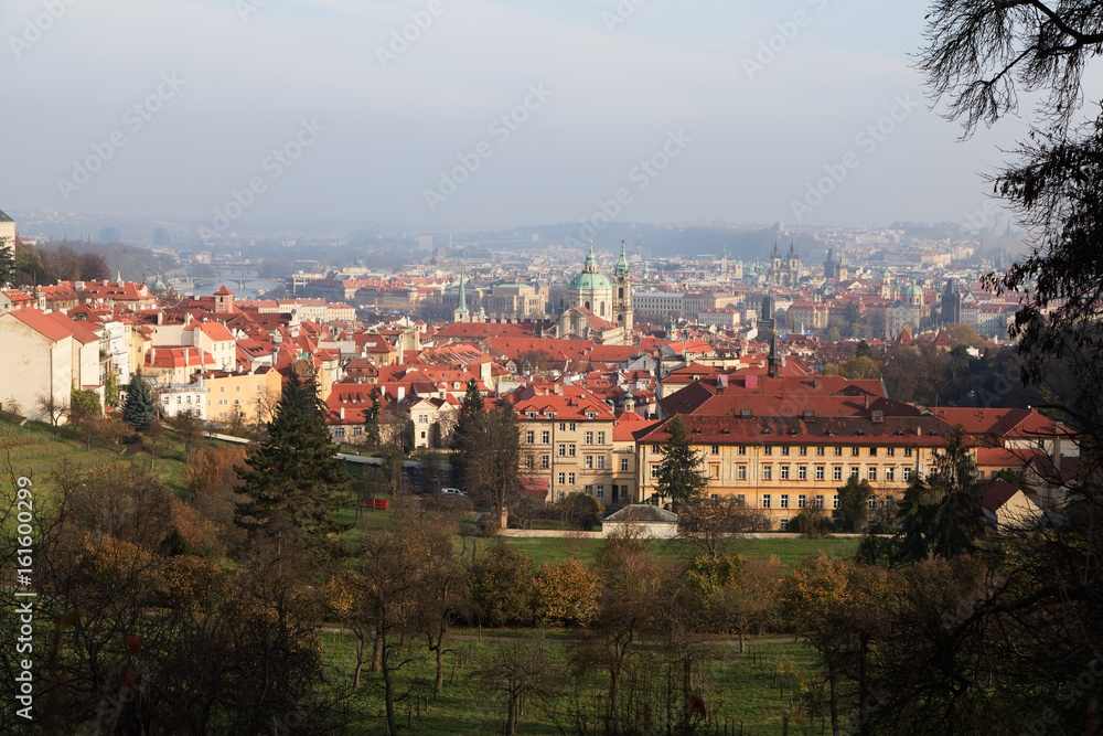 Panorama of Prague in the autumn. View of the historic Old Town center. Czech Republic