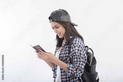 Beautiful travel girl with Thailand passport isolated on white background © tonefotografia