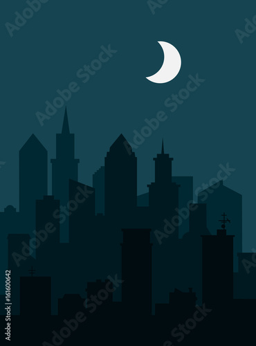 Power outage / blackout during night. Cityscape of city / town with building is without electric energy and electricity. Black and dark scenery.