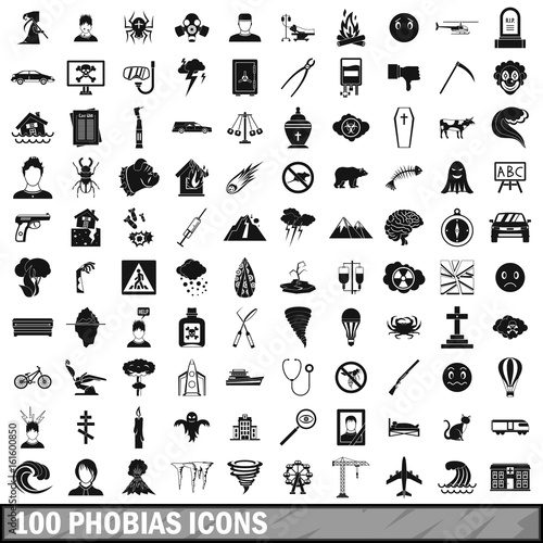 100 phobias icons set, simple style 