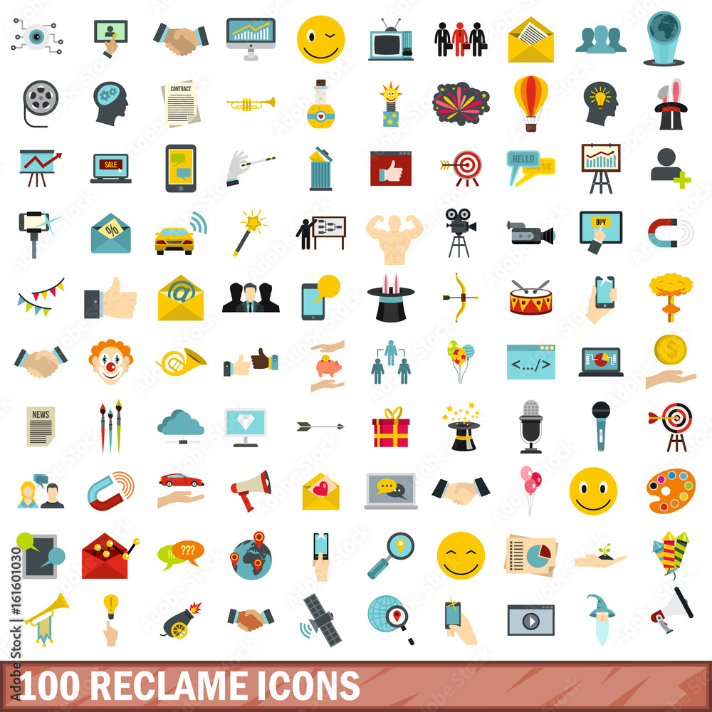 100 reclame icons set, flat style 100 reclame icons set, flat style