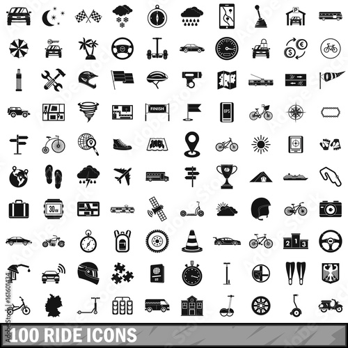 100 ride icons set, simple style 