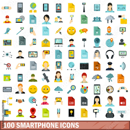 100 smartphone icons set, flat style