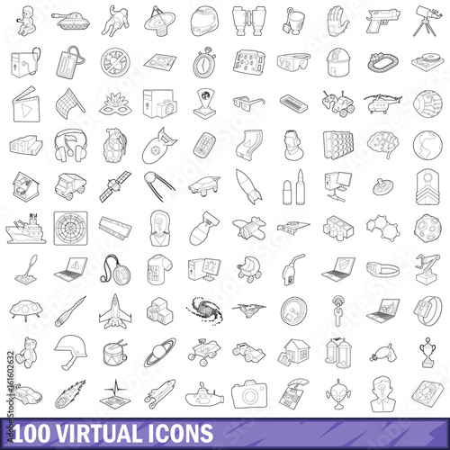 100 virtual icons set, outline style
