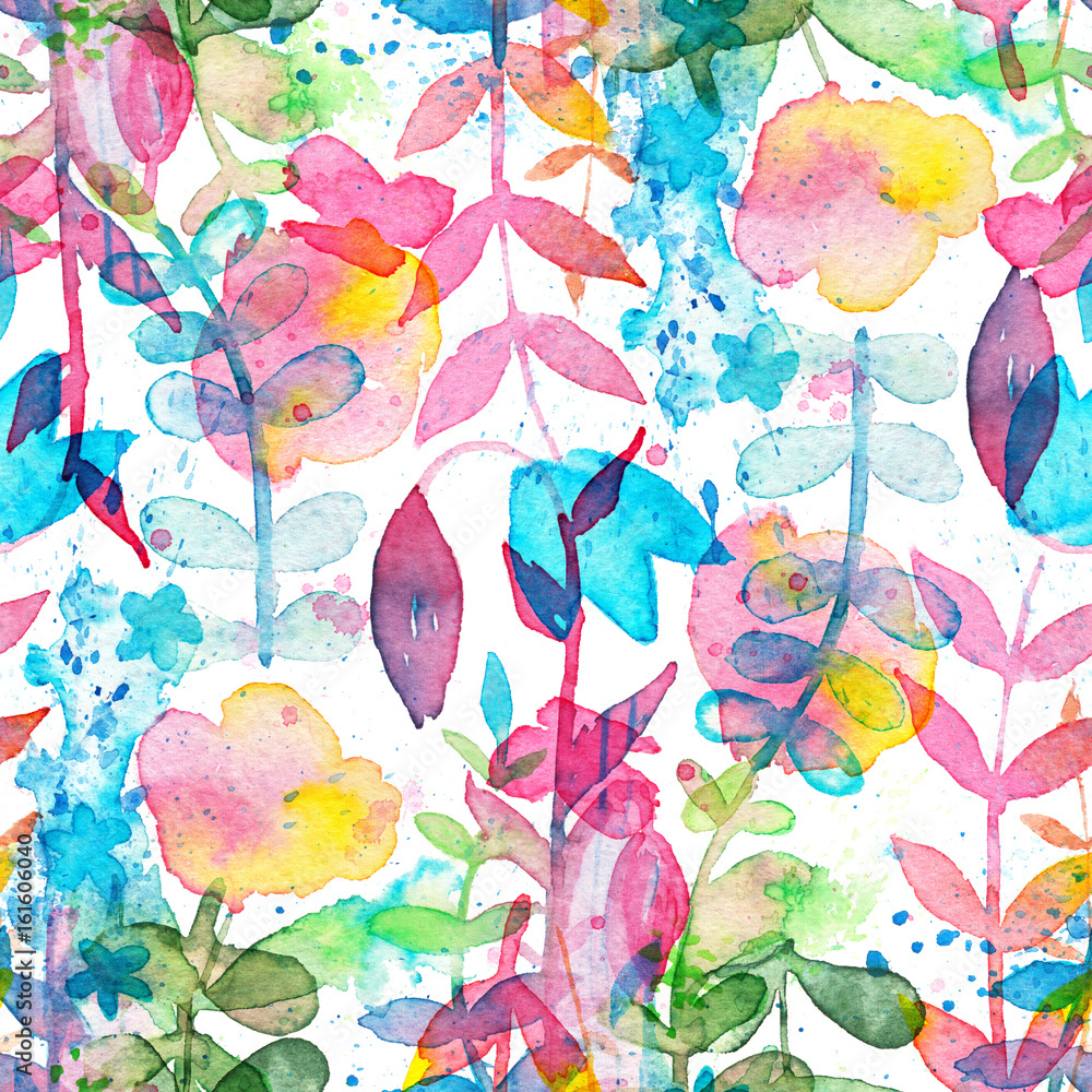Happy and bright floral seamless pattern with hand drawn watercolor flowers and leaves