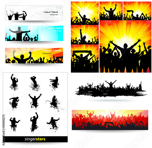 backgrounds and icons of cheering and singing people