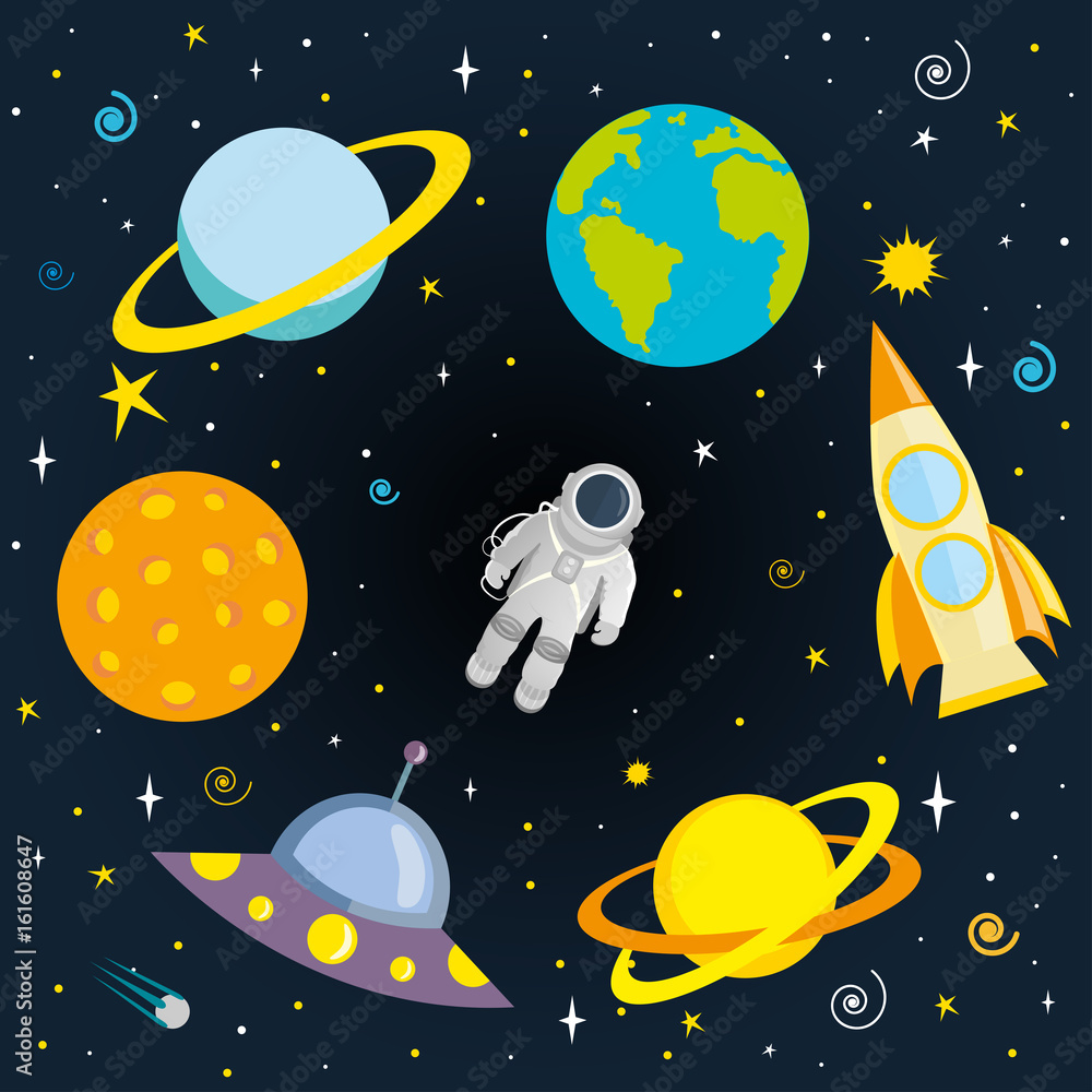 Naklejka premium Astronaut, planets and space ships in space