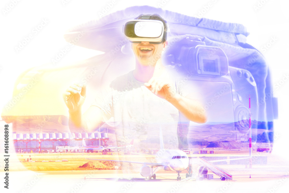 double exposure : man in a VR glasses operating in virtual reality at airport with aircraft