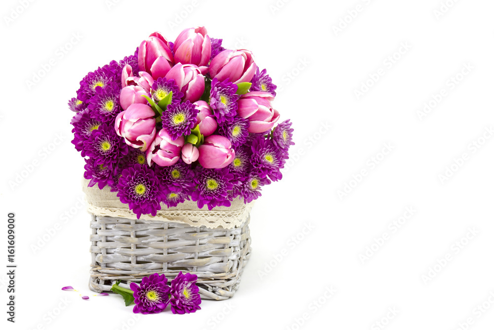 Bouquet made of tulips and chrysanthemum flowers