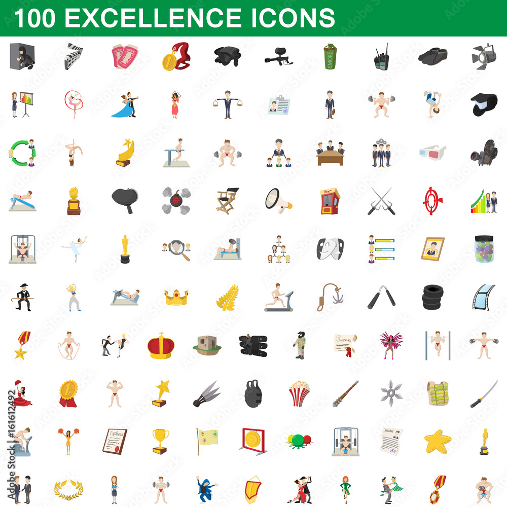 Naklejka premium 100 excellence icons set, cartoon style