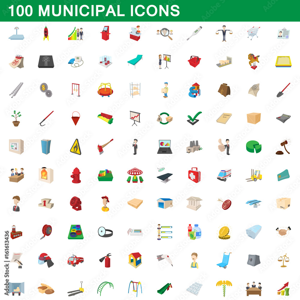 100 municipal icons set, cartoon style 100 municipal icons set, cartoon style