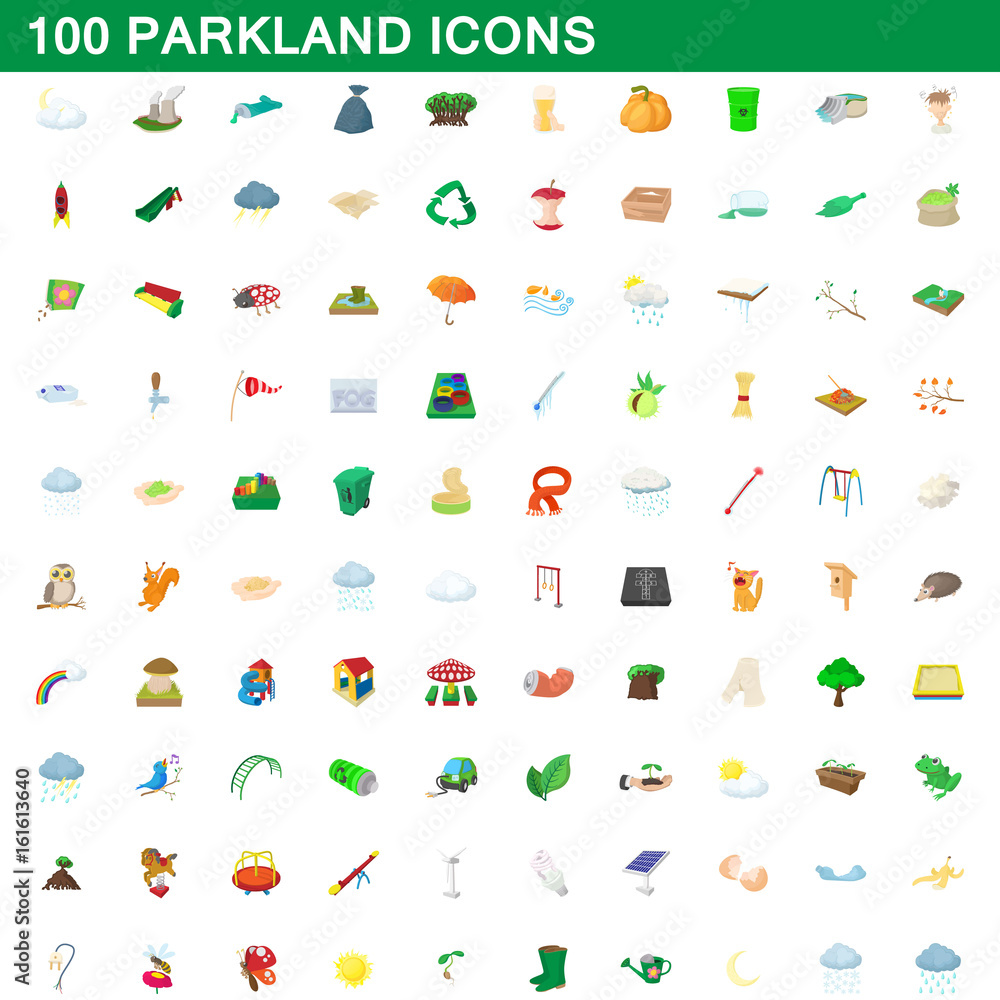 100 parkland icons set, cartoon style 100 parkland icons set, cartoon style