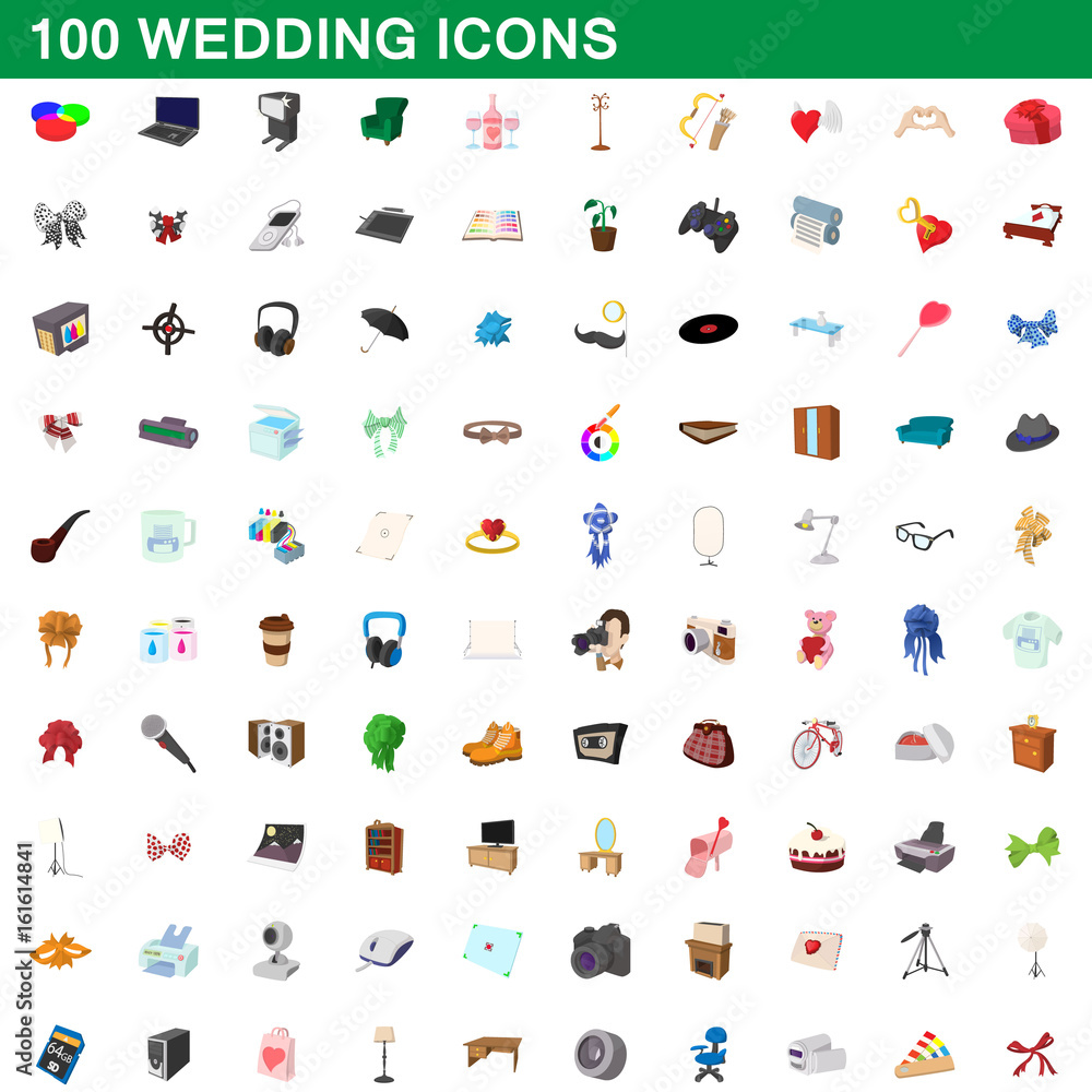 Fototapeta premium 100 wedding icons set, cartoon style
