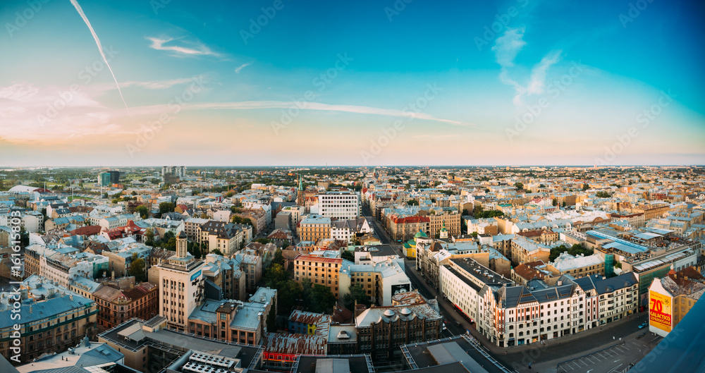Riga, Latvia. Riga Panoramic Cityscape. Top Aerial View Of Baznicas