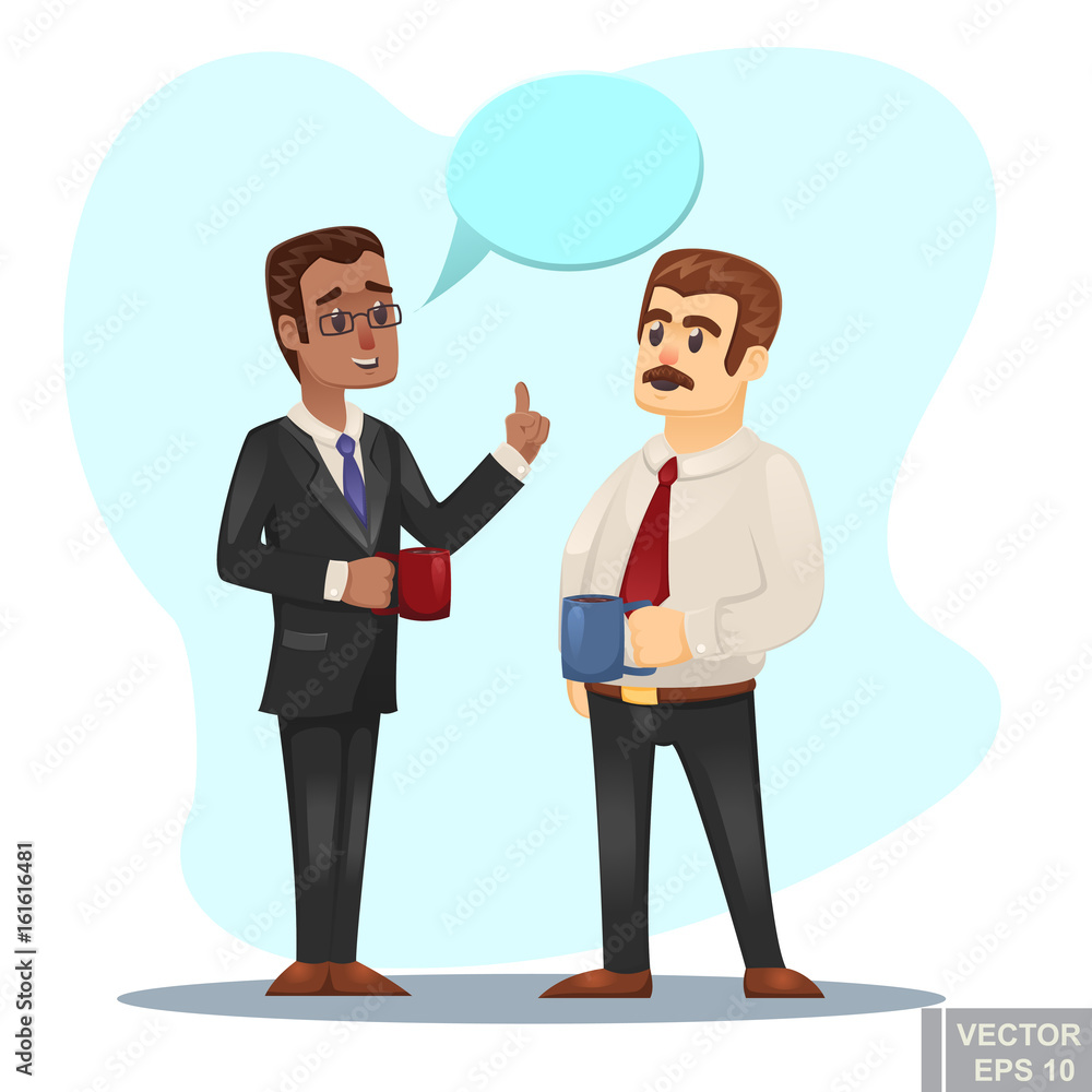 Vector cartoon Illustration of two businessmen discussing business strategy conversation between coworkers buring coffee break teamwork concept Vector cartoon Illustration of two businessmen discussing business strategy conversation between coworkers buring coffee break teamwork concept