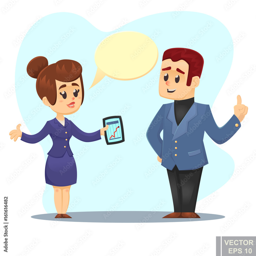 Vector cartoon Illustration of businessman and businesswoman discussing business strategy conversation between coworkers teamwork concept Vector cartoon Illustration of businessman and businesswoman discussing business strategy conversation between coworkers teamwork concept
