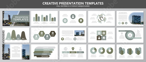 Set of green and gray elements for multipurpose presentation template slides with graphs and charts. Leaflet, corporate report, marketing, advertising, annual report, book cover design.