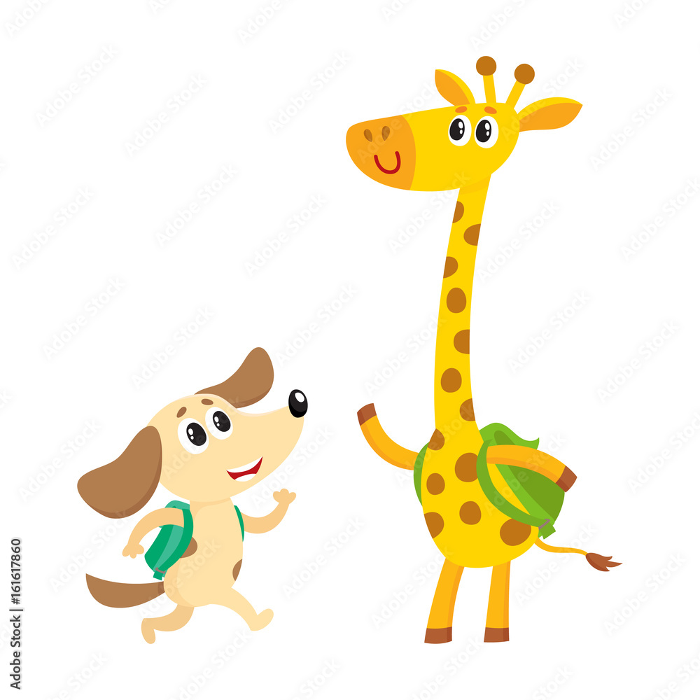Cute animal student characters, dog and giraffe with backpacks meeting in  class, cartoon vector illustration isolated on white background. Little  animal student characters, back to school concept Stock Vector | Adobe Stock