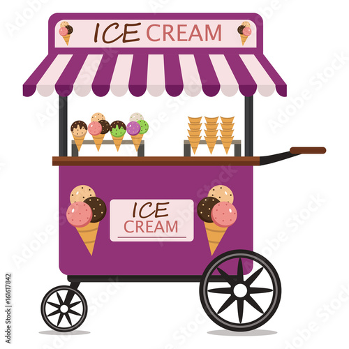 Ice cream cart sweet shop food kiosk summer trolley market vector illustration