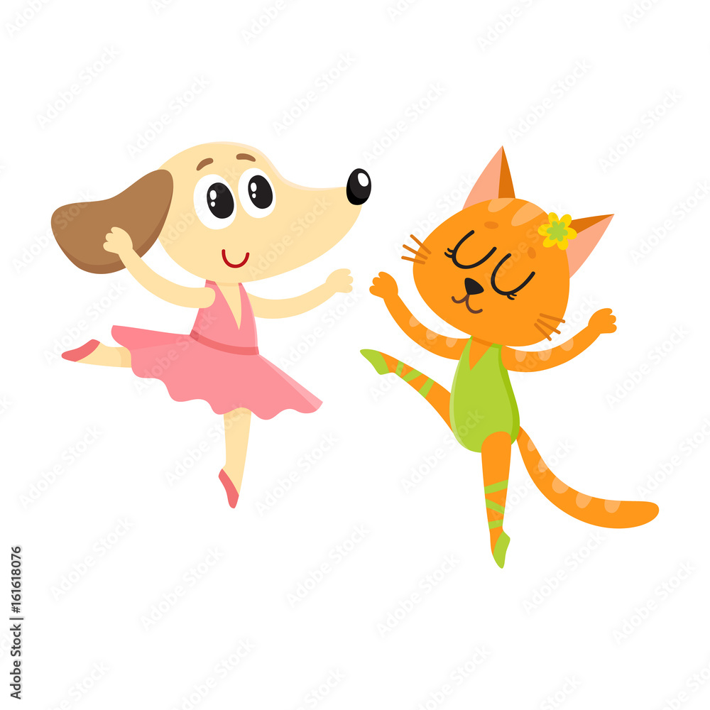 Cute little dog and cat, puppy and kitten characters dancing ballet  together, cartoon vector illustration isolated on white background. Little  puppy and kitten, cat and dog ballet dancers, ballerinas Stock Vector |