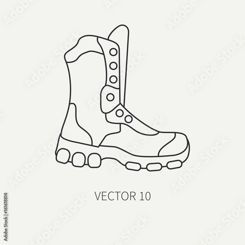 Line flat vector hunt and camping icon - ankle boots. Hunter equipment, armament. Retro cartoon style. Wildlife travel. Camouflage. Forest. Nature. Illustration and element for your design, wallpaper.