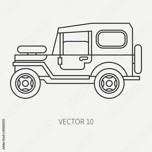 Line flat vector hunt and camping icon off-road car. Hunter equipment. Retro cartoon style. Wildlife travel. Camouflage. Forest. Adventure. Nature. Illustration and element for your design  wallpaper.