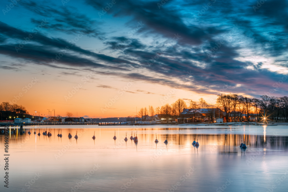 Helsinki, Finland. Landscape With City Pier, Jetty At Winter Sunrise