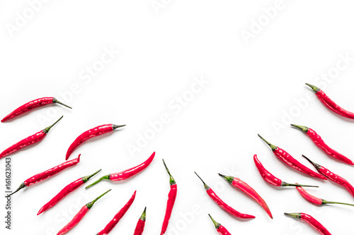 hot food with red chili pepper white table background top view mock-up
