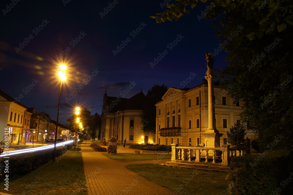 Square in Spisska Nova Ves at night, Slovakia