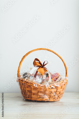 gift basket on grey background