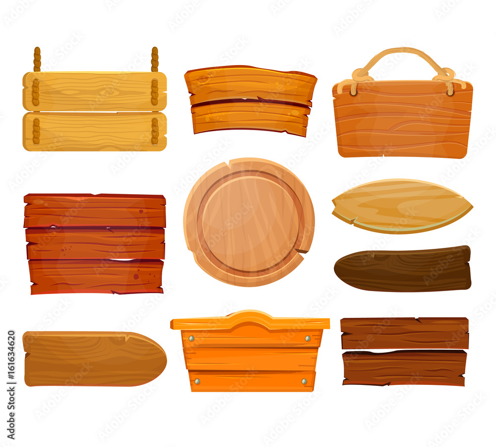Naklejka premium Old west wood board set. Wooden signboards or wood plank for banners or messages hanging on ropes.