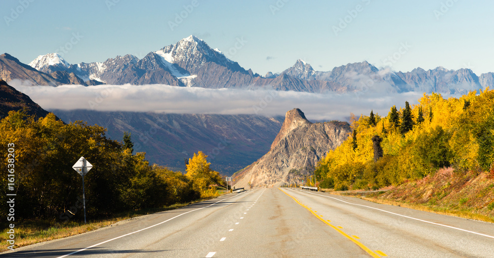 Road Leads Down Fall Season Open Road Alaska