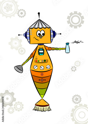 Vector cartoon robot with spray bottle